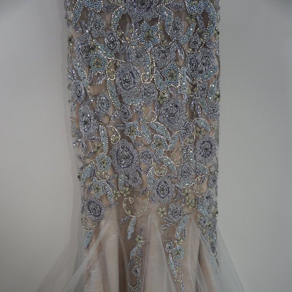 Terani Couture One Shoulder Silver and Cream Dress - Picture 4 of 11